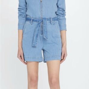RIVET: Long Sleeve Denim Belted Romper with Zip-up closure